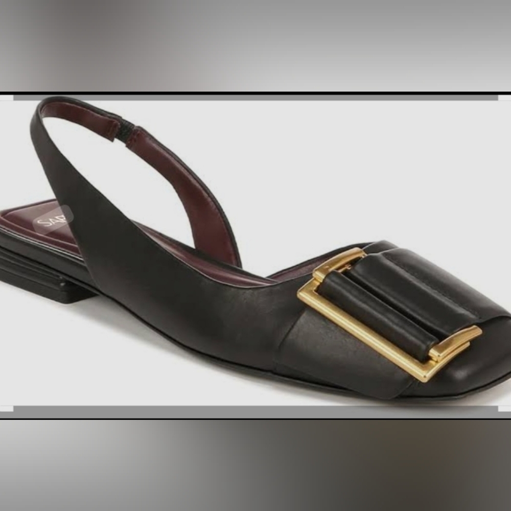 Franco Sarto Black Leather Slingback Flats with Gold Buckles - Picture 2 of 6